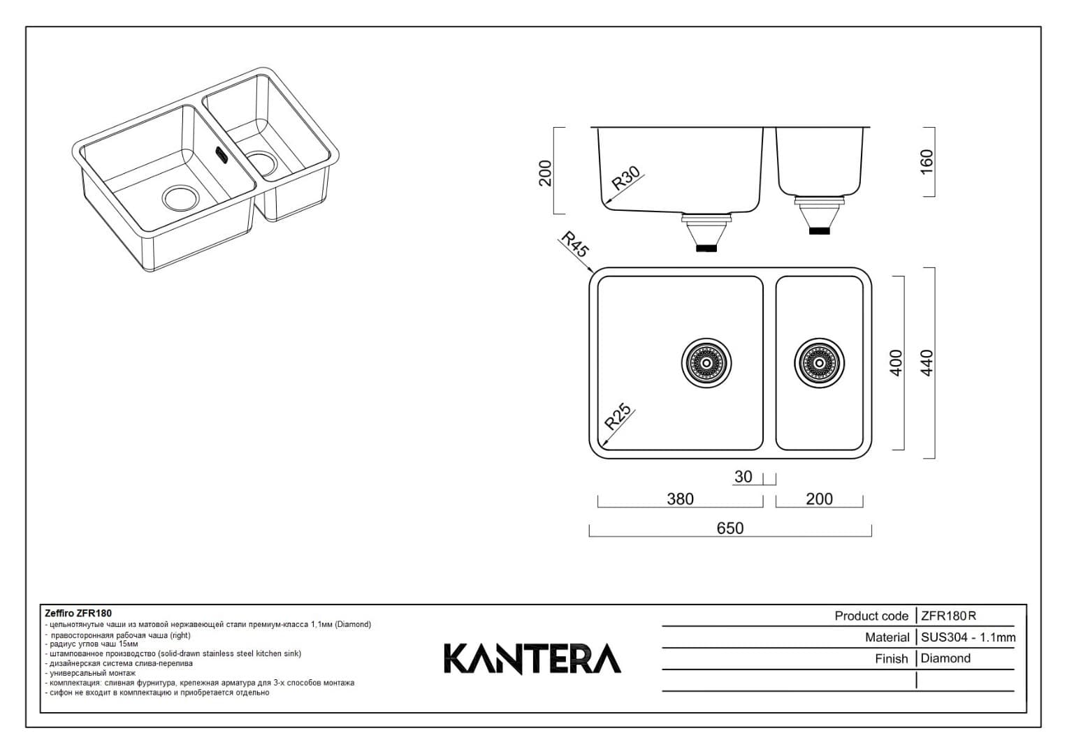 Кухонная мойка KANTERA Zeffiro ZFR180R